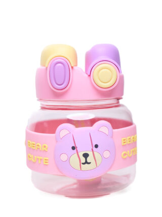 Cute Bear-Face Kids Water Bottle with Dual Flip-Top & Strap