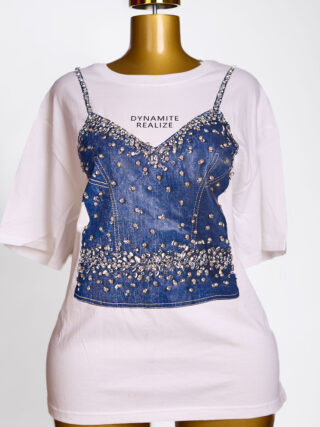 Dynamite Realize Pink Oversized Tee with Denim Corset Print & Rhinestone Embellishments