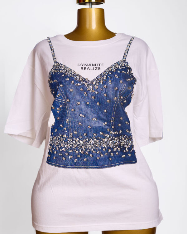 Dynamite Realize Pink Oversized Tee with Denim Corset Print & Rhinestone Embellishments