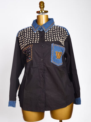 Studded Denim Patchwork Long-Sleeve Shirt – Black & Blue