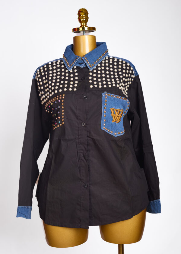 Studded Denim Patchwork Long-Sleeve Shirt – Black & Blue