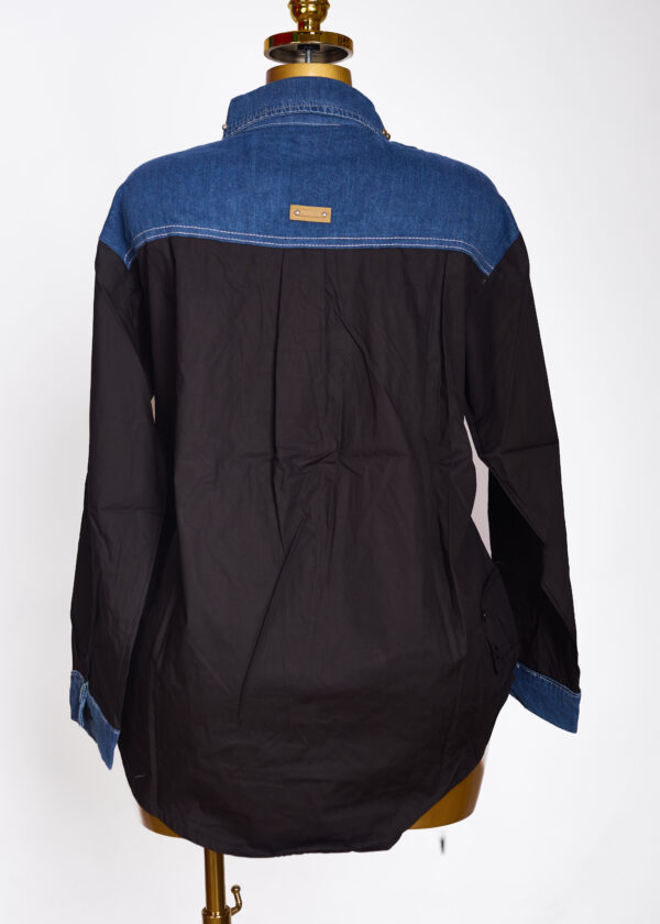 Studded Denim Patchwork Long-Sleeve Shirt – Black & Blue