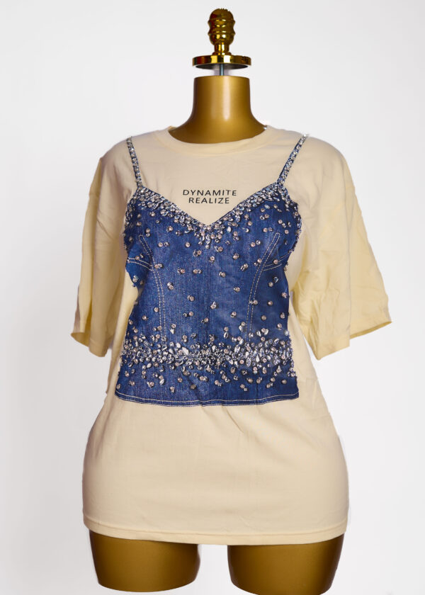 Dynamite Realize Pink Oversized Tee with Denim Corset Print & Rhinestone Embellishments
